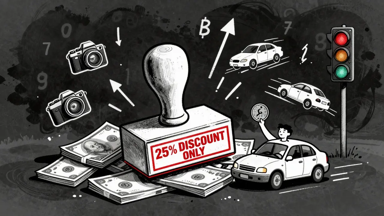 Крупная печать &#039;25% скидки&#039; давит на деньги, рядом — камеры и нарушения, символизируя снижение выгоды.