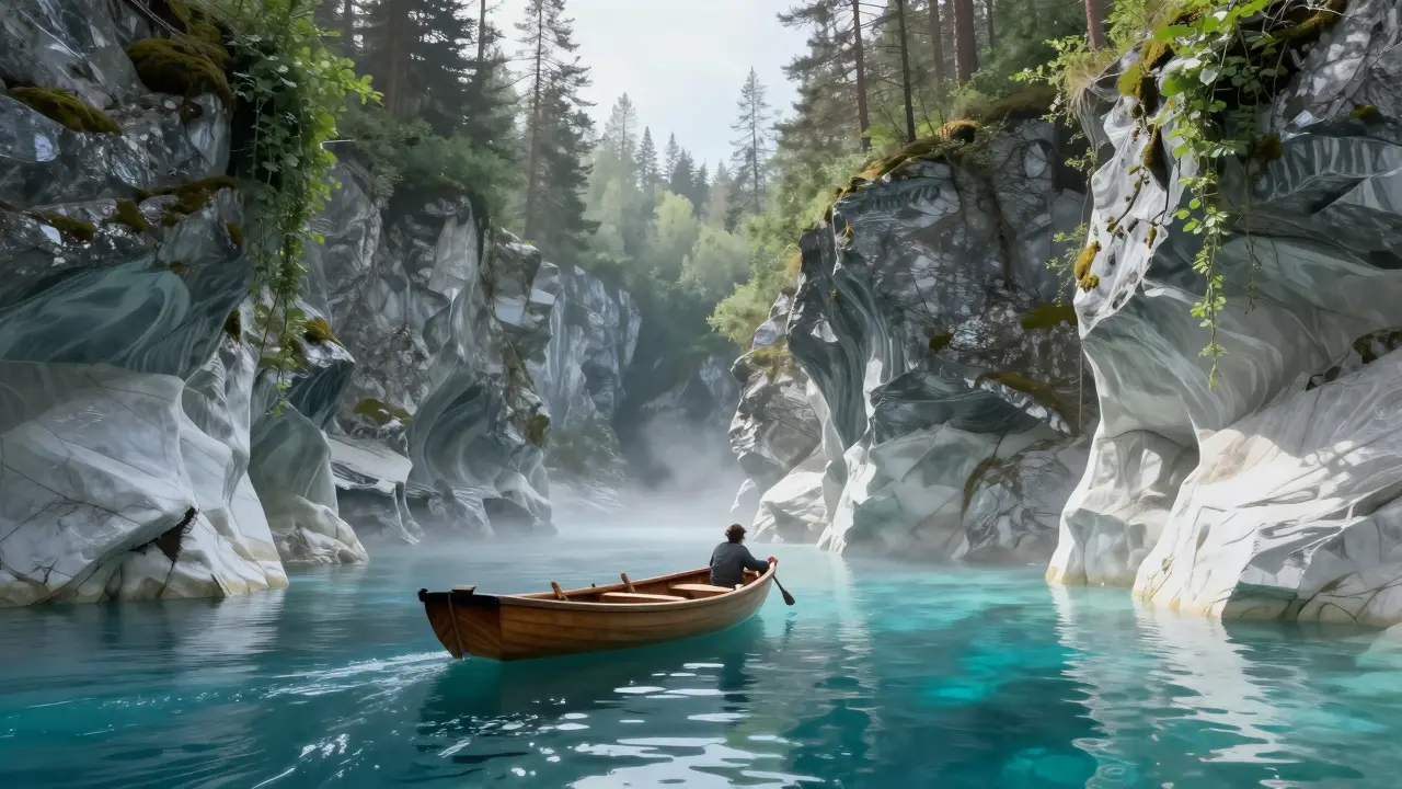 Лодка плывёт по мраморному каньону Рускеала в Карелии, вода кристально чистая, вокруг — скалы и лес.