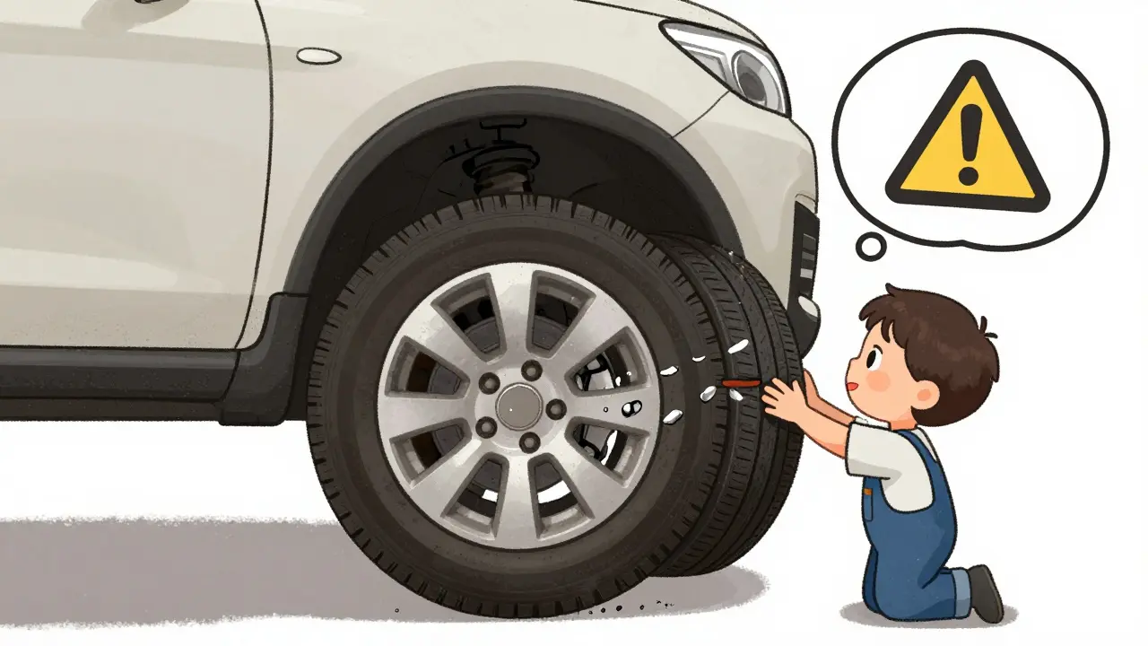 Механик проверяет люфт колеса, видны металлические осколки внутри подшипника.