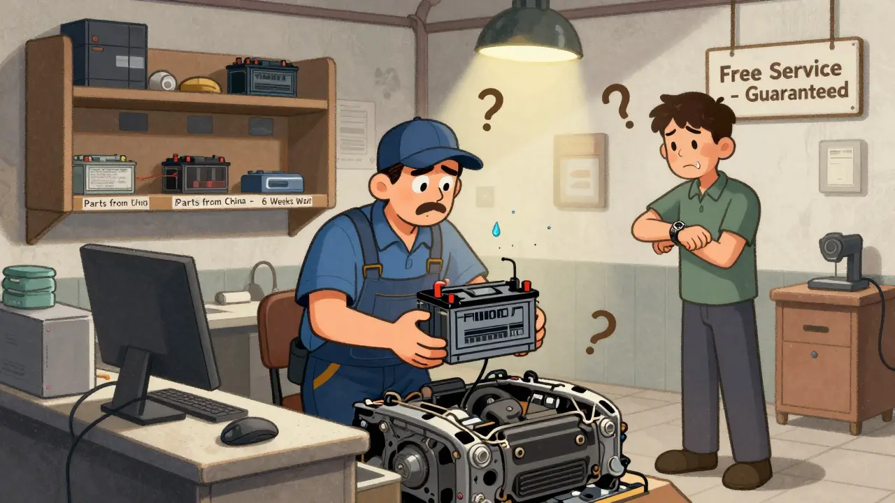 Механик смотрит на разряженную батарею, полки пусты, на стене надпись &#039;Ждите 6 недель&#039;.