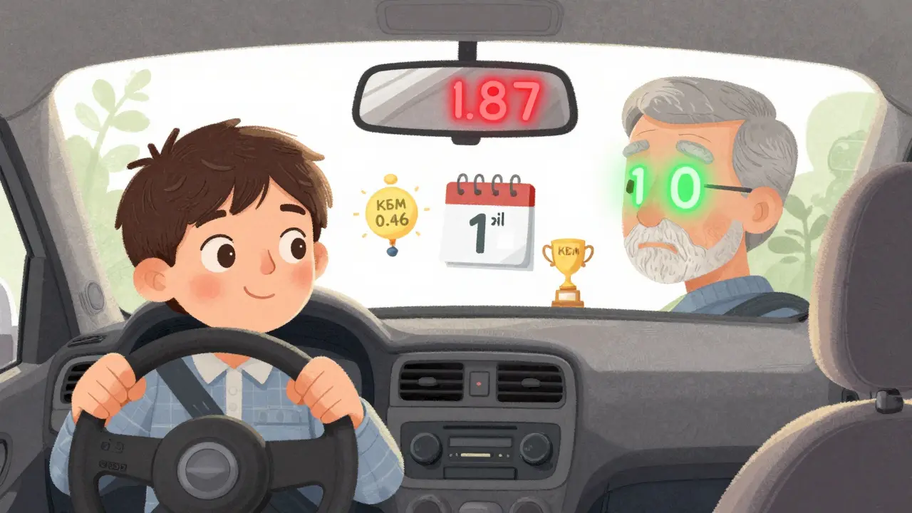 Молодой водитель с высоким коэффициентом возраста и стажа рядом с опытным водителем с низким коэффициентом.