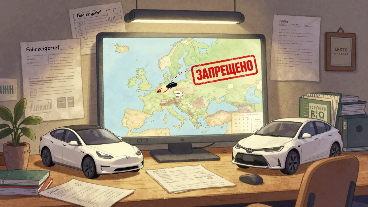 На столе документы для ввоза авто, на карте путь из Европы в Россию, запрещённые автомобили красным стикером.
