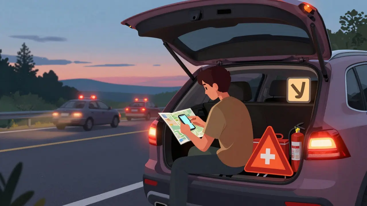 Новичок безопасно остановился на обочине, проверяет карту, включены аварийные огни и знак «У».