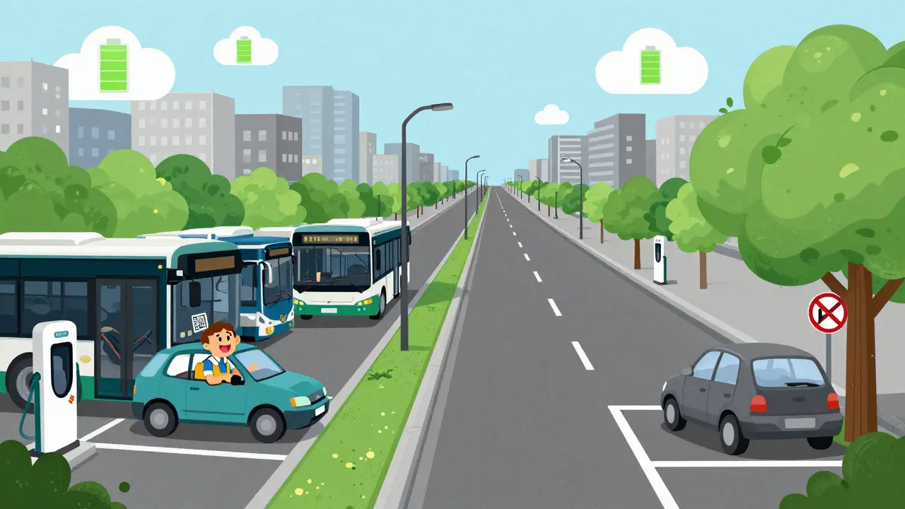 Разделённый город: слева — бесплатная парковка и зарядки, справа — пустой паркинг и дорога в никуда.