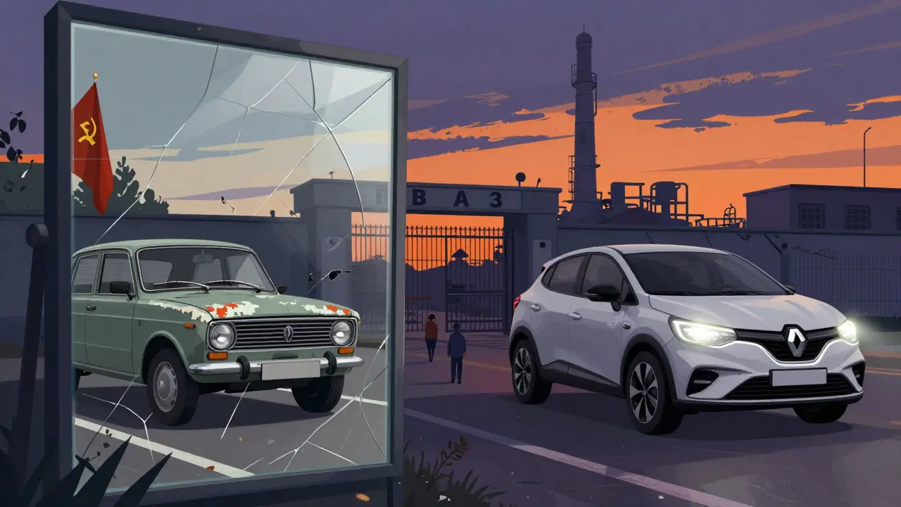Раздвоенный мир: старая Лада и современная машина разделены руинами завода.