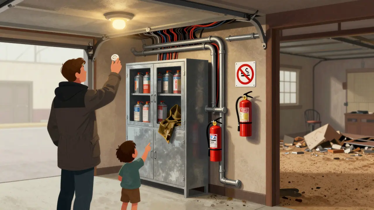 Разрез гаража: безопасная электропроводка, металлический шкаф и огнетушитель на двери.