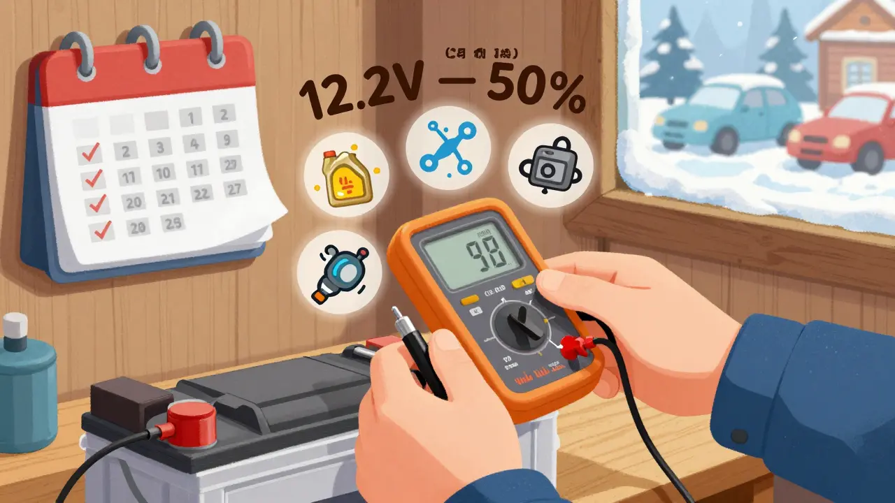 Руки проверяют напряжение аккумулятора мультиметром, вокруг — символы зимних проблем.