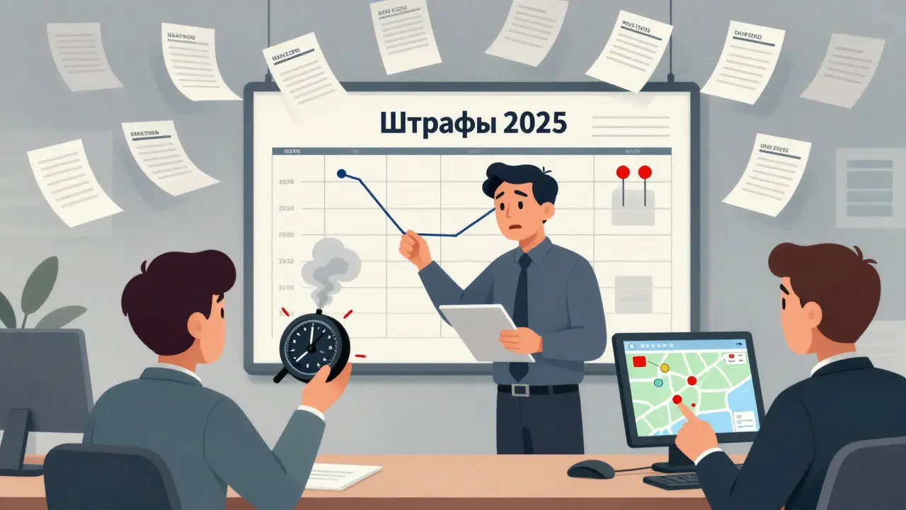 Руководитель транспортной компании смотрит на стену с штрафами, над головой летят квитанции о нарушениях.
