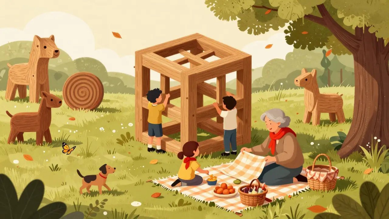 Семья пикникует в арт-парке Никола-Ленивец, дети лазают по деревянной инсталляции.