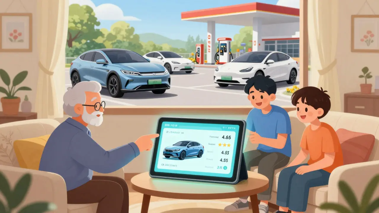 Семья смотрит на планшет с рейтингами машин: дедушка указывает на Toyota, ребёнок — на Zeekr, за окном едут электромобили.