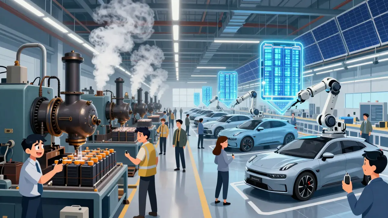 Сказочная сцена фабрики: слева — старые немецкие станки, справа — светящиеся китайские роботы собирают электромобили.