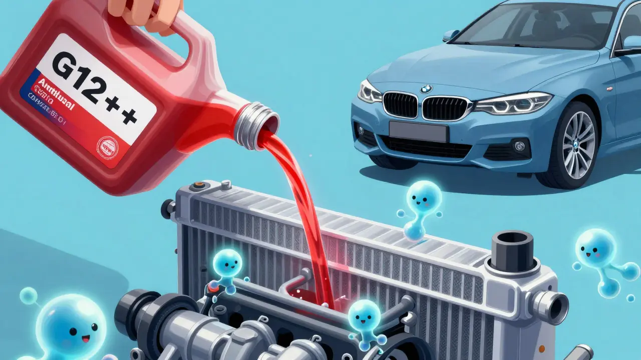 Современный автомобиль с красной жидкостью, защищаемой волшебными молекулами, в ярких тонах.