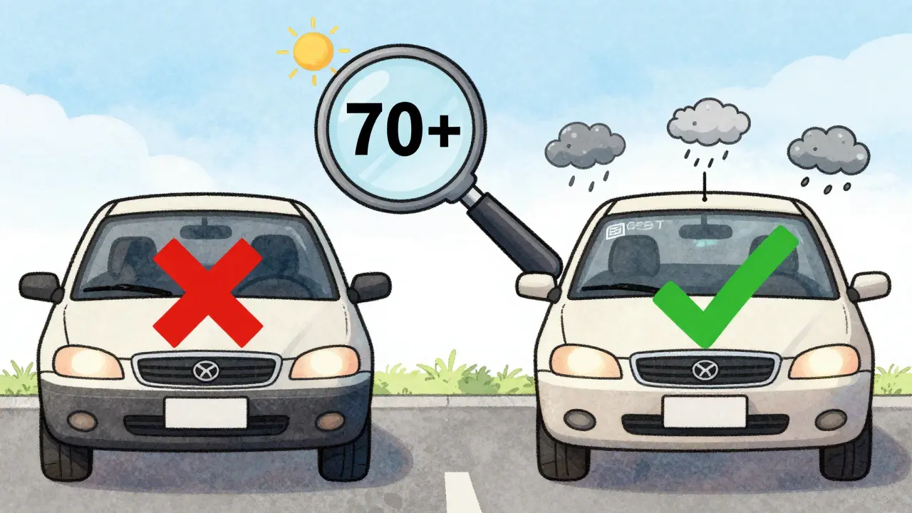 Сравнение легальной и нелегальной тонировки: зелёная галочка против красного креста с показателями света.