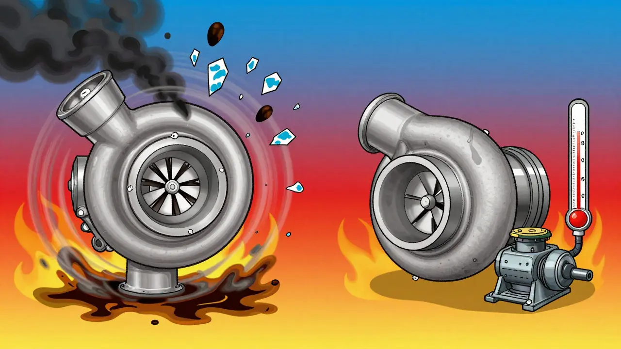 Сравнение: слева — перегретая турбина с коксом, справа — охлаждаемая турбина с потоком масла и падающей температурой.
