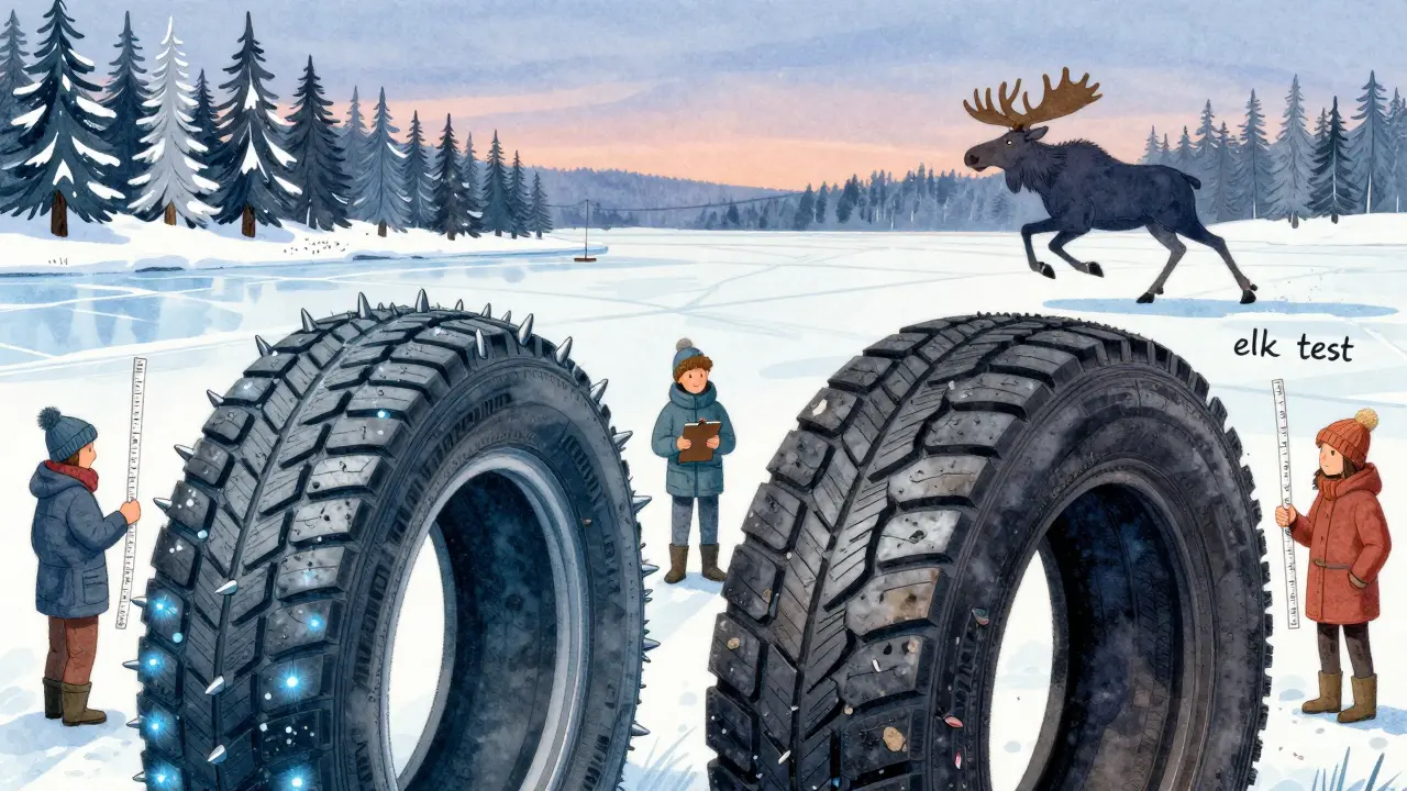 Сравнение зимних шин: с шипами и без, на льду, с силуэтом лося