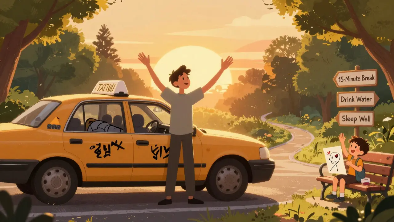 Таксист выходит из машины на закате, поднимает руки к небу, за ним — его старый, измученный образ.