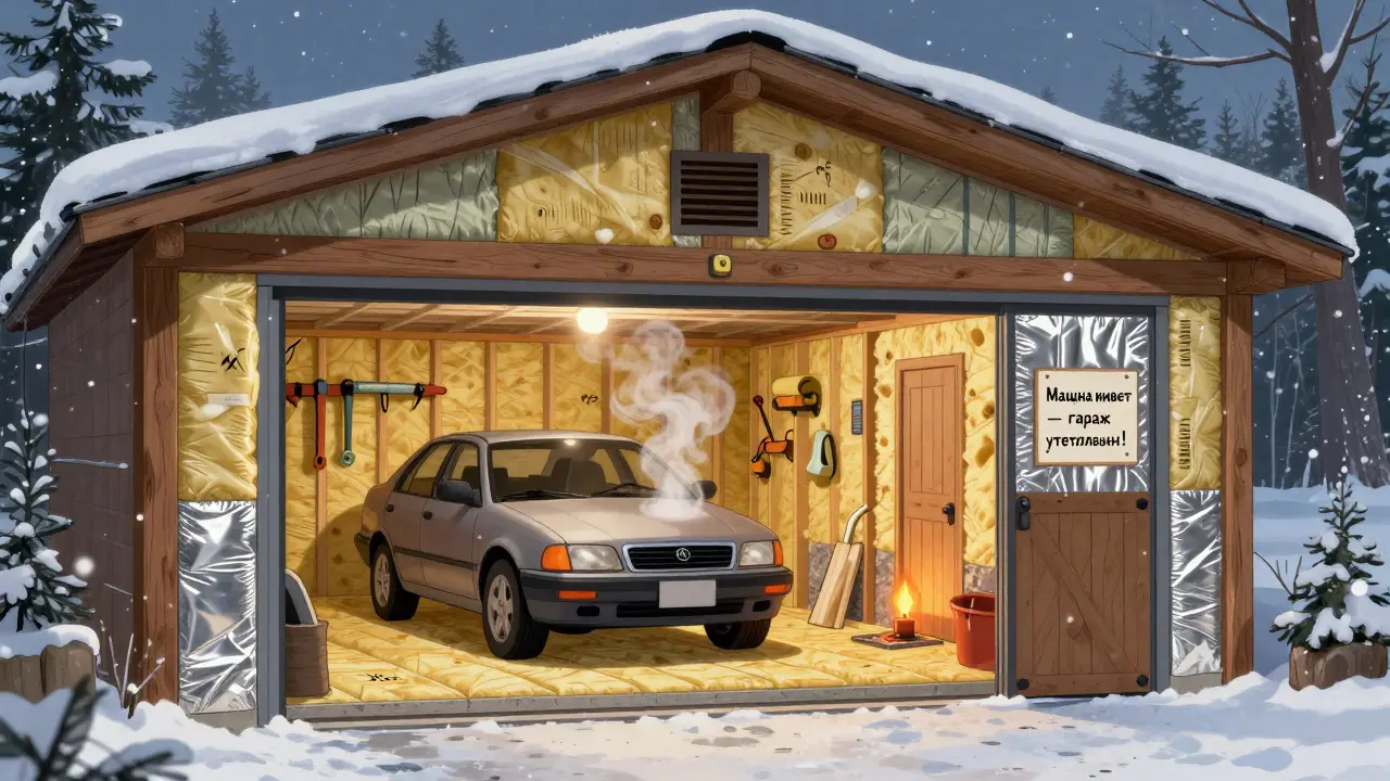 Теплый утепленный гараж с машиной внутри, видны слои изоляции и вентиляционный клапан, снег падает снаружи.