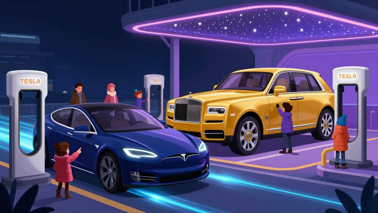 Тесла и Роллс-Ройс стоят рядом на зарядной станции, один — быстрый и электрический, другой — величественный с звёздным потолком.