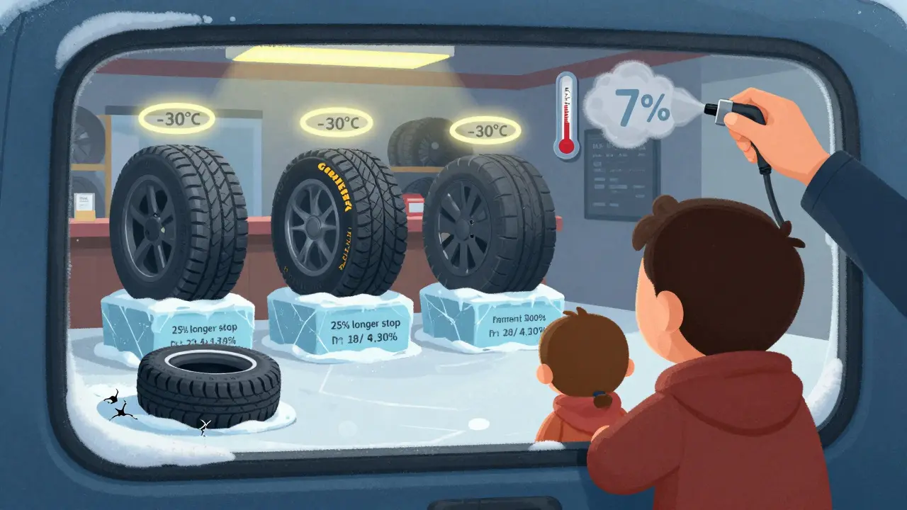 Три лучшие зимние шины как герои, бюджетная шина в снегу, семья в машине