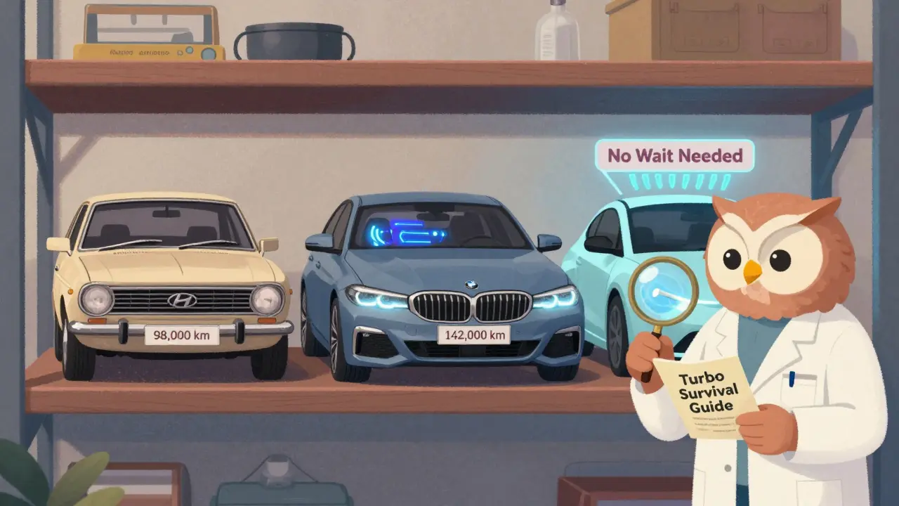 Три машины на полке: старая с сломанной турбиной, новая с водяным охлаждением и будущая электромобиль — мудрая сова объясняет разницу.