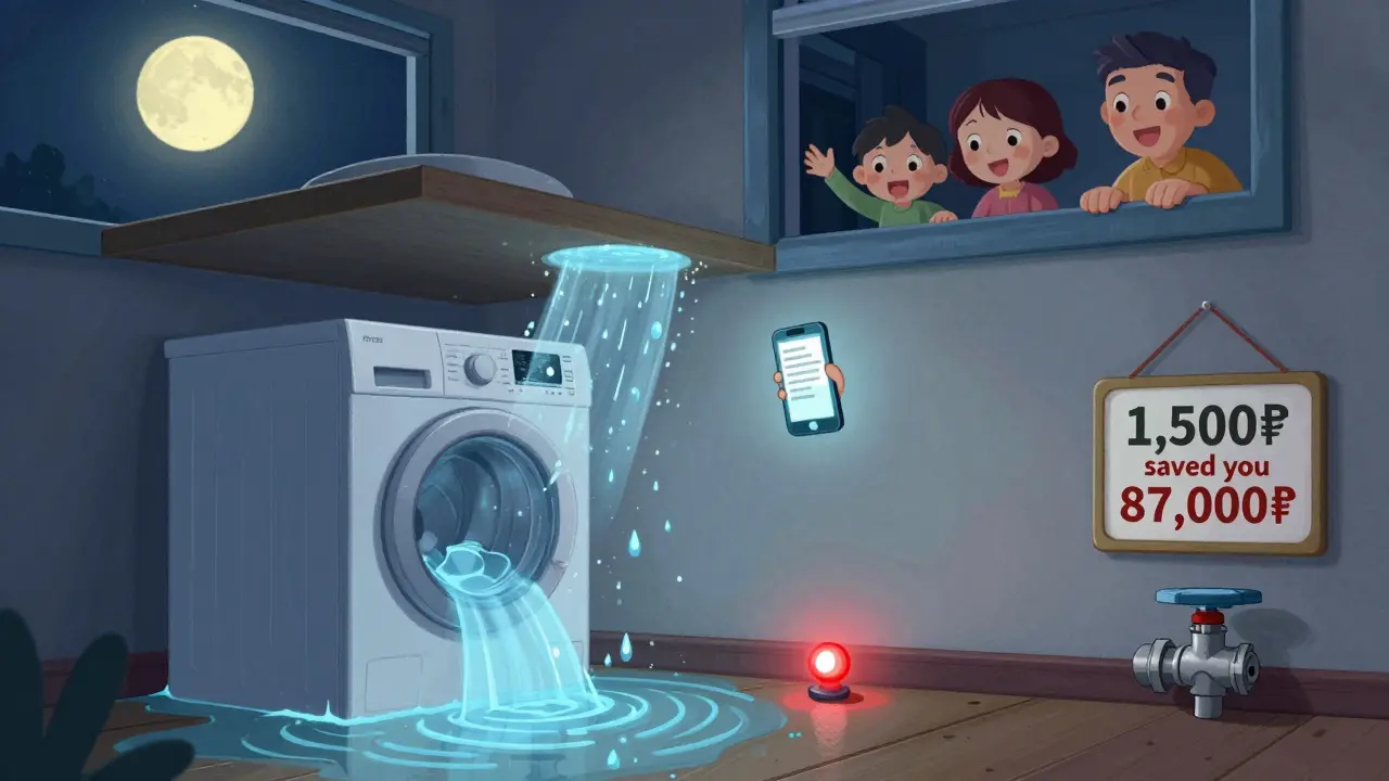 Утечка воды из стиральной машины, сработал датчик, семья уезжает на поезде, клапан закрывается.