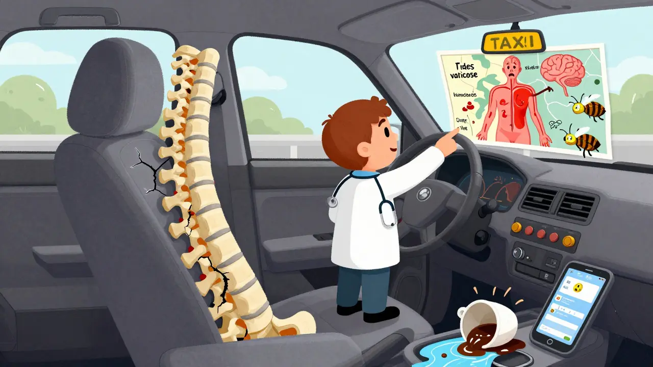 Внутри такси: сиденье — это позвоночник с трещинами, вокруг — символы болезней и тревожные уведомления.