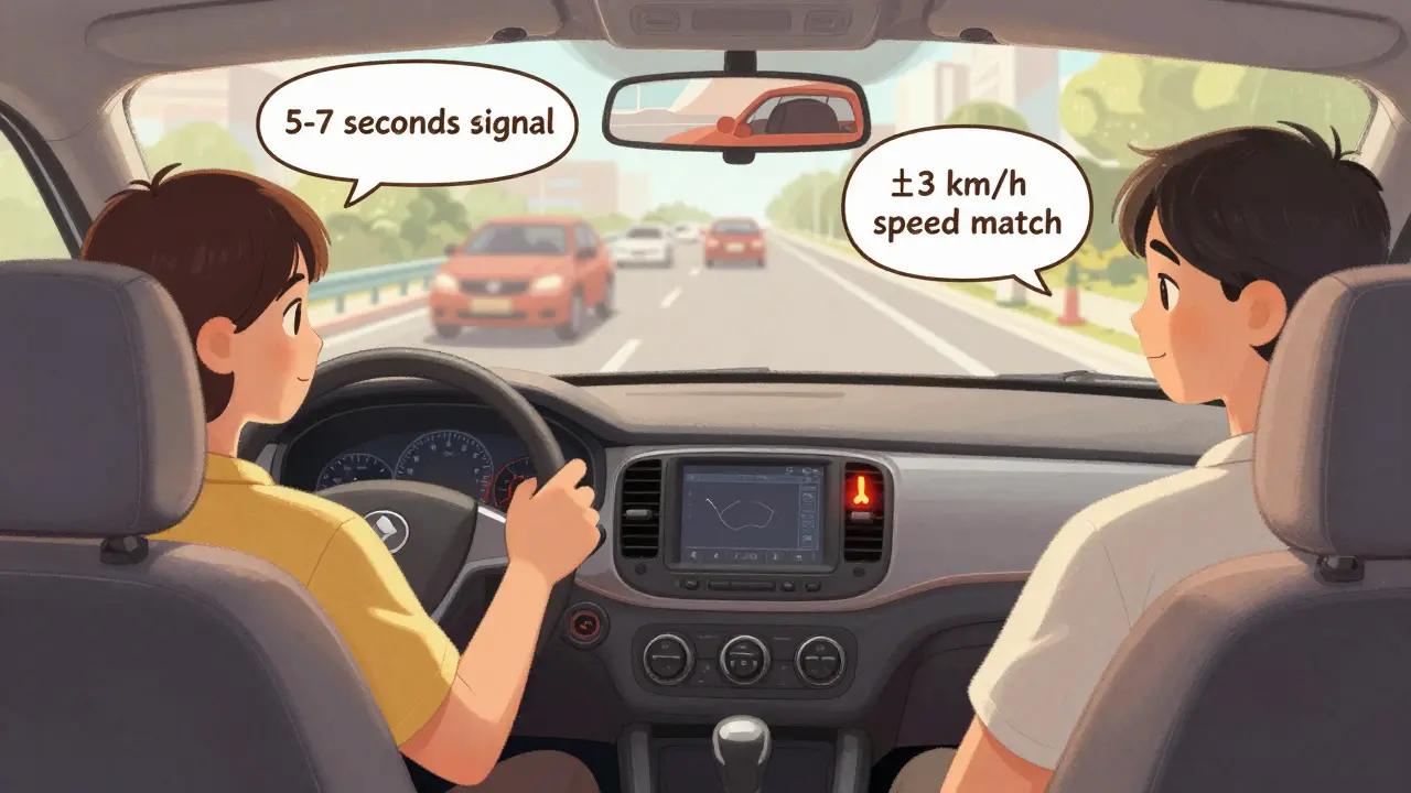 Водитель плавно перестраивается, включив поворотник и проверив слепую зону, машины едут с одинаковой скоростью.