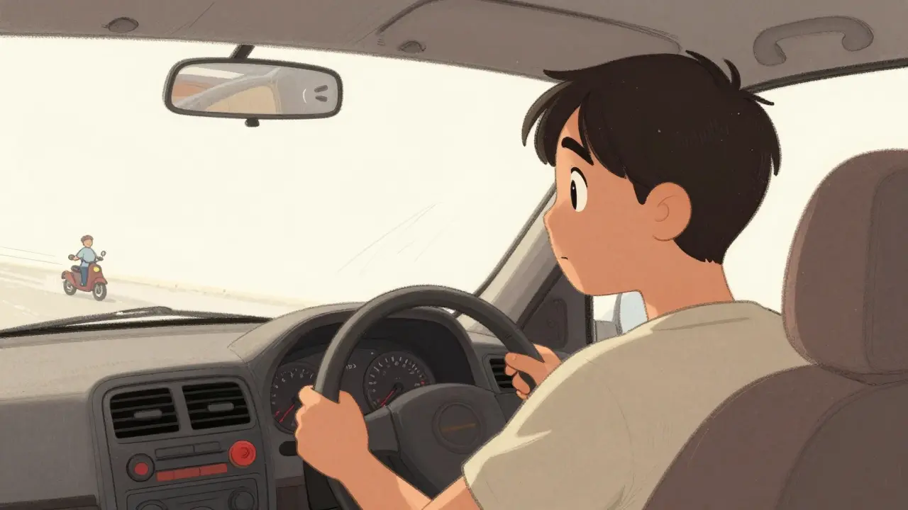 Водитель поворачивает голову, чтобы проверить слепую зону, где видны мотоцикл и велосипед.