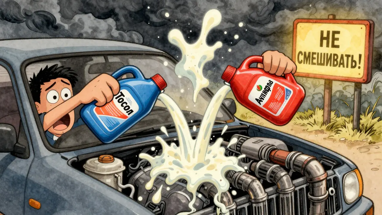 Водитель смешивает тосол и антифриз — из бачка вырывается мутный осадок, как монстр.