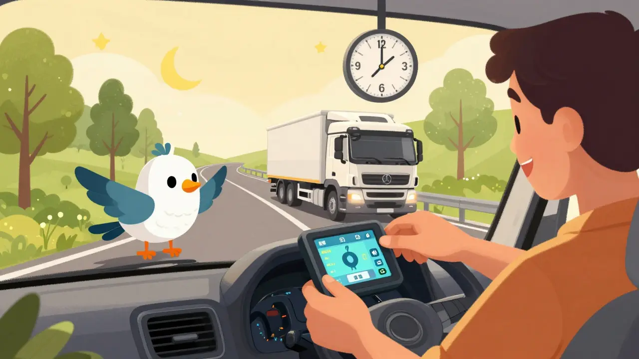 Водитель вставляет карту в тахограф, рядом с ним летит дружелюбная птица-ГЛОНАСС, ведущая грузовик к безопасному отдыху.