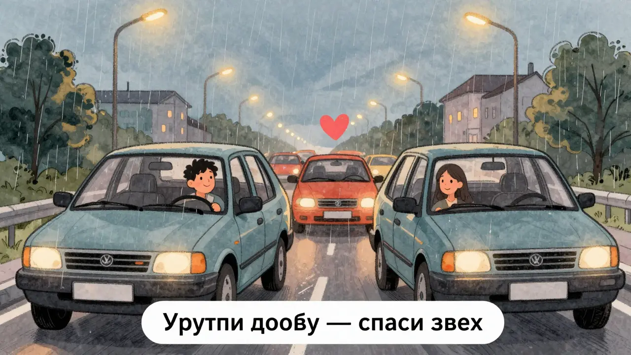 Водитель замедляется, чтобы дать возможность соседу перестроиться в пробке, оба улыбаются.