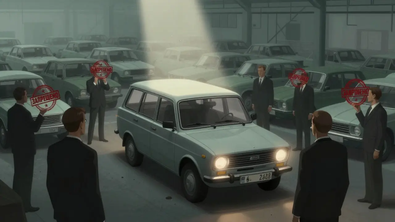 Заброшенный автомобиль Арбат среди бюрократов с красными печатями.
