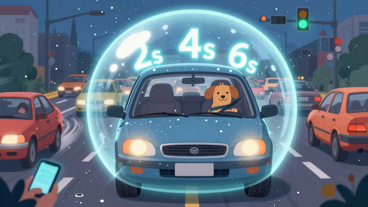 Автомобиль в защитной сфере с отсчётом секунд дистанции, снег на лобовом стекле и изношенные шины с безопасной глубиной протектора.