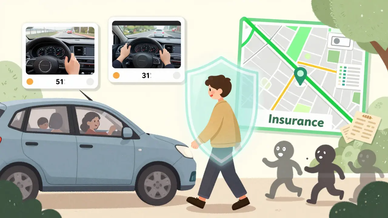 Человек проверяет машину, вокруг него всплывают фото, видео и карта зоны — защитный щит от скрытых платежей.