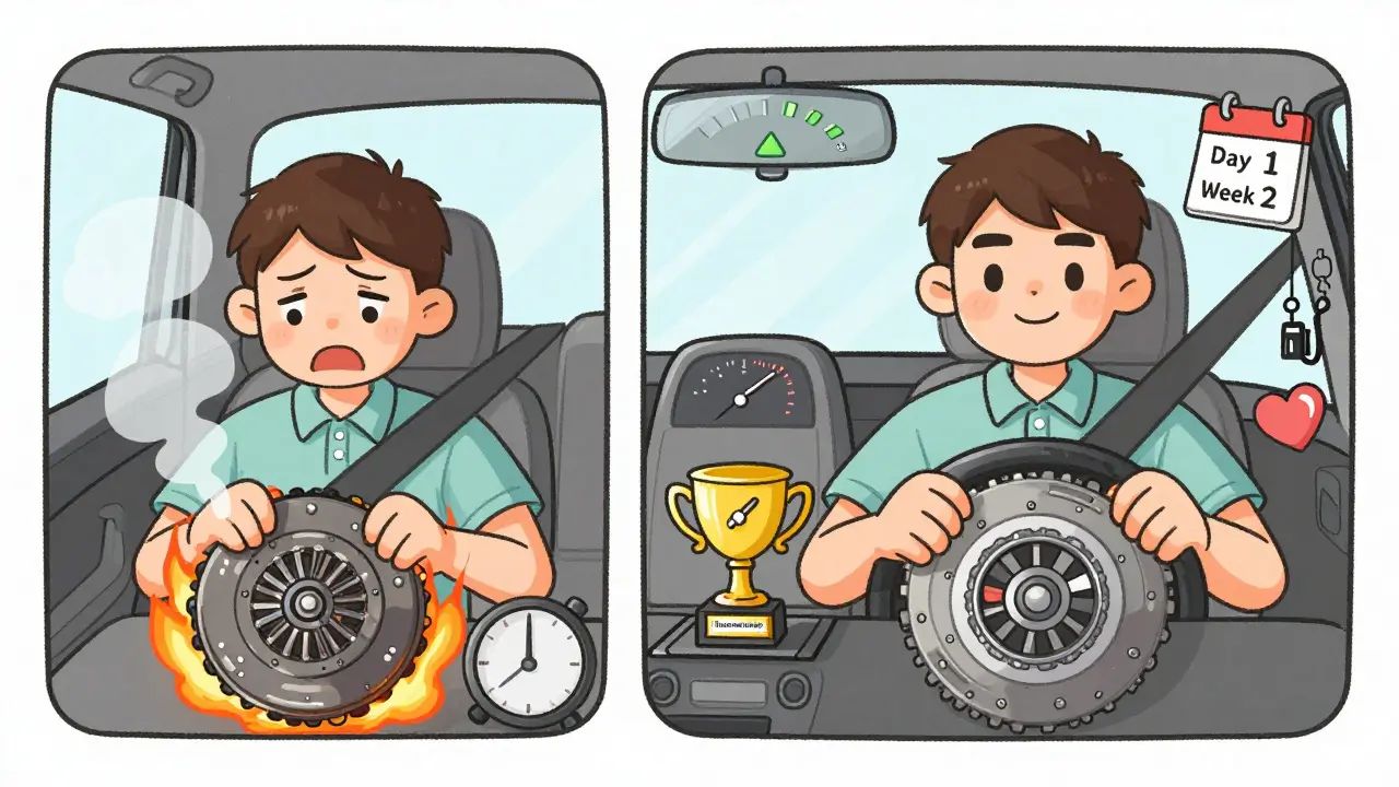 Два сценария: слева — сгоревшее сцепление, справа — уверенный водитель с наградой за плавное трогание.