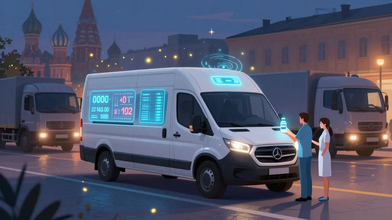 Электрический рефрижератор в городе с мерцающими датчиками температуры, передающий вакцину медсестре при закате.