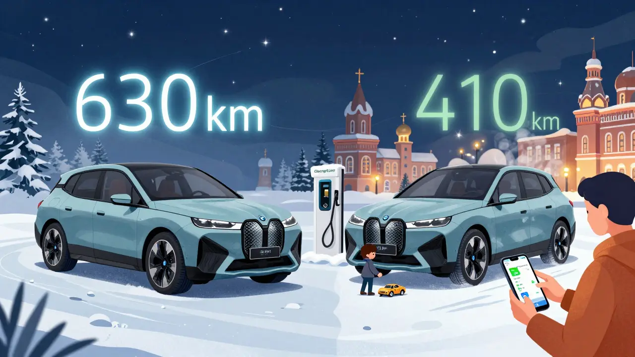Электромобиль iX в зимнем ландшафте: слева — полный заряд, справа — падение запаса хода из-за холода.