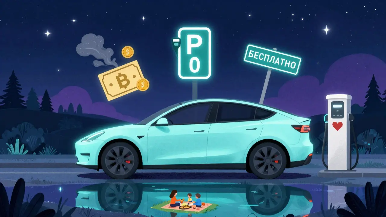 Электромобиль ночью с плавающими значками бесплатной парковки, трассы и налоговой льготы.