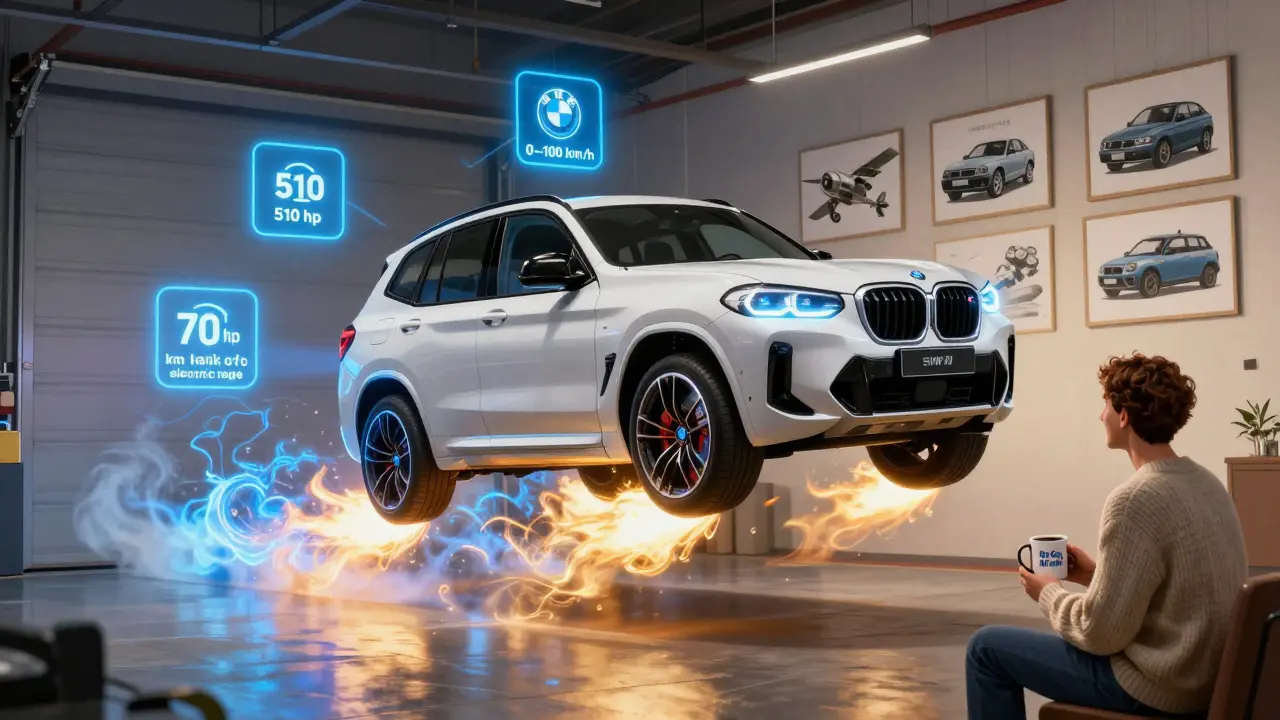 Гибридный X3 M Hybrid взлетает как ракета, вокруг — иконки мощности и истории BMW.