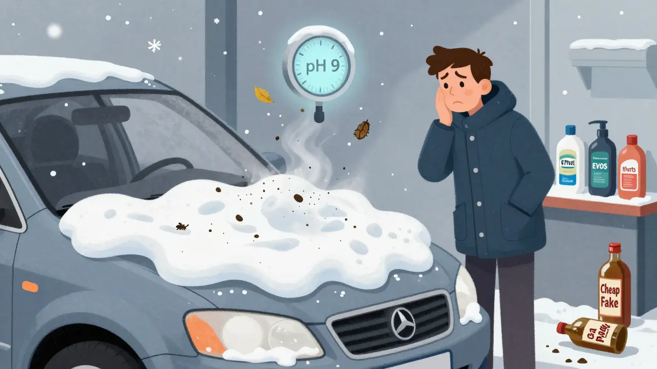 Густая пена на машине зимой, с меткой pH 9, а на полке — известные бренды автохимии.