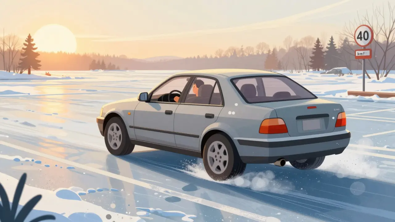 Машина в мягком заносе на заснеженной парковке, водитель поворачивает руль в сторону заноса, под колёсами — песок, на фоне — знак 40 км/ч.