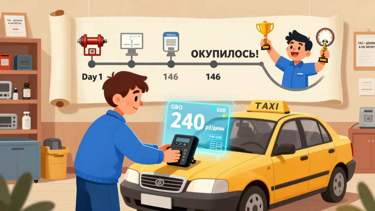 Мастер устанавливает газобаллонное оборудование в сервисе, вокруг — график окупаемости и счетчик пробега 1,2 миллиона км.