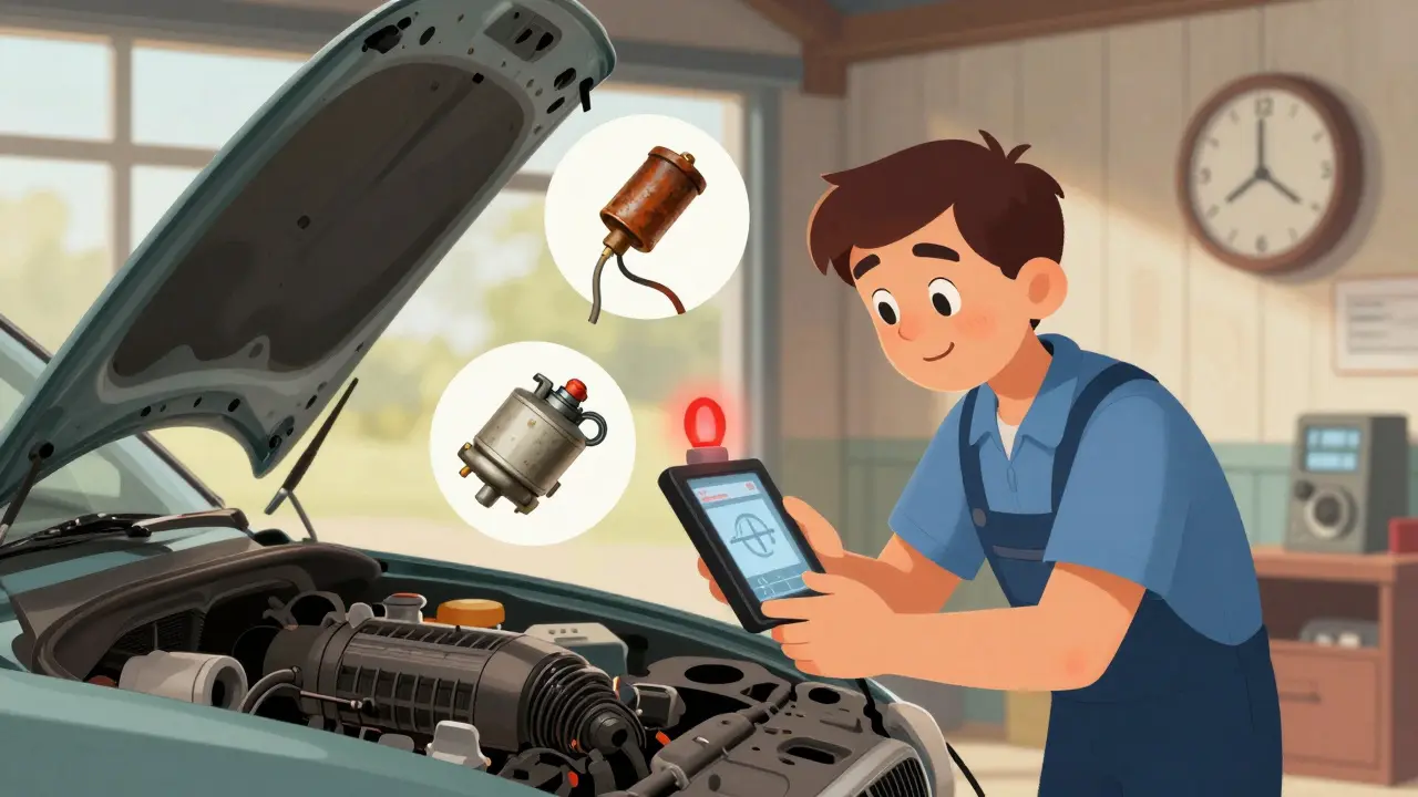 Механик проверяет старую машину, вокруг — символы износа: ржавчина, треснувшие провода, мигающая лампочка неисправности.