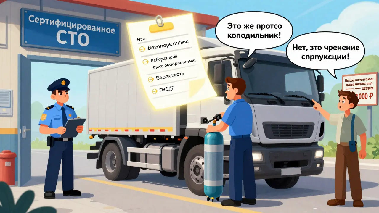 Механик устанавливает ГБО в сертифицированном автосервисе, инспектор наблюдает.