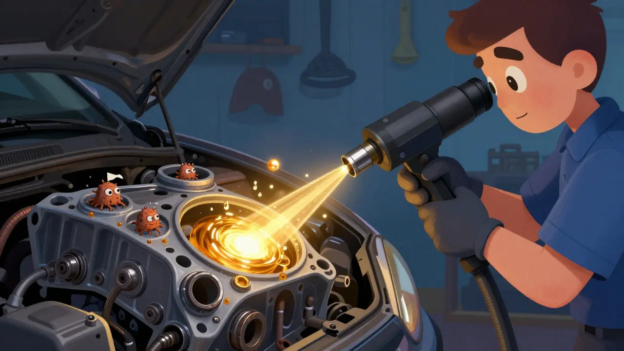 Механик вводит защитное масло в полости порога с помощью гибкого шланга, камера показывает ржавчину.