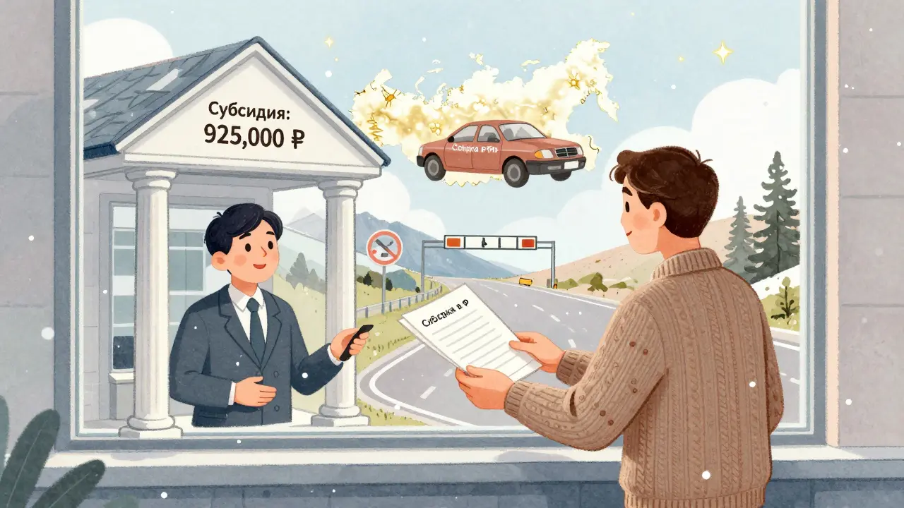 Мужчина передаёт документы банку, над ними парят символы субсидии и карты льготных регионов.