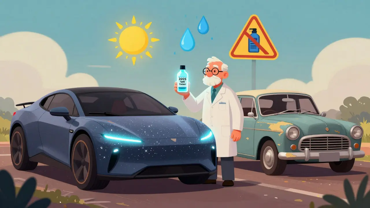 Новая матовая машина с сияющим покрытием стоит рядом с старой, потускневшей, между ними волшебный флакон.