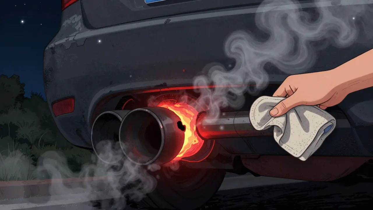 Прогар в выхлопной трубе с вырывающимся дымом, ночная сцена с звёздами и искрами сажи.