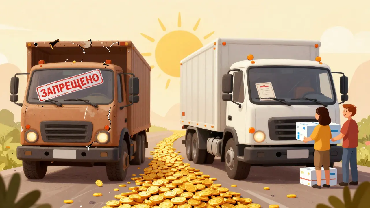 Разделённая сцена: нелегальный грузовик слева, легальный — справа с документами и клиентами.