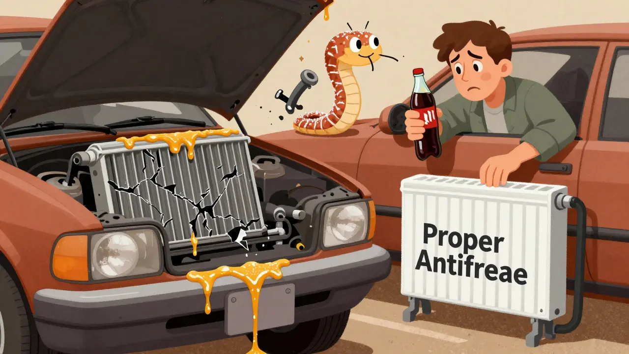 Разрушенный радиатор с липкими следами кока-колы и предупреждающими значками.